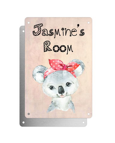 Cute Animal Personalised Name Plaque – Baby Koala With Head Tie | Vintage-Style Aluminium Sign for Kids’ Room