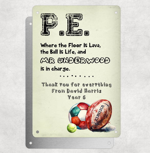 Personalised Teacher Tribute Aluminium Plaque – 'PE Where The Floor Is Lava' With Sports Graphic, Leaving Gift