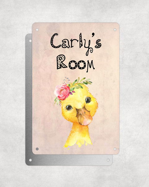 Cute Animal Personalised Name Plaque – Baby Duck With Flower | Vintage-Style Aluminium Sign for Kids’ Room