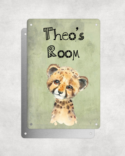 Cute Animal Personalised Name Plaque – Baby Cheetah | Vintage-Style Green Aluminium Sign for Kids’ Room