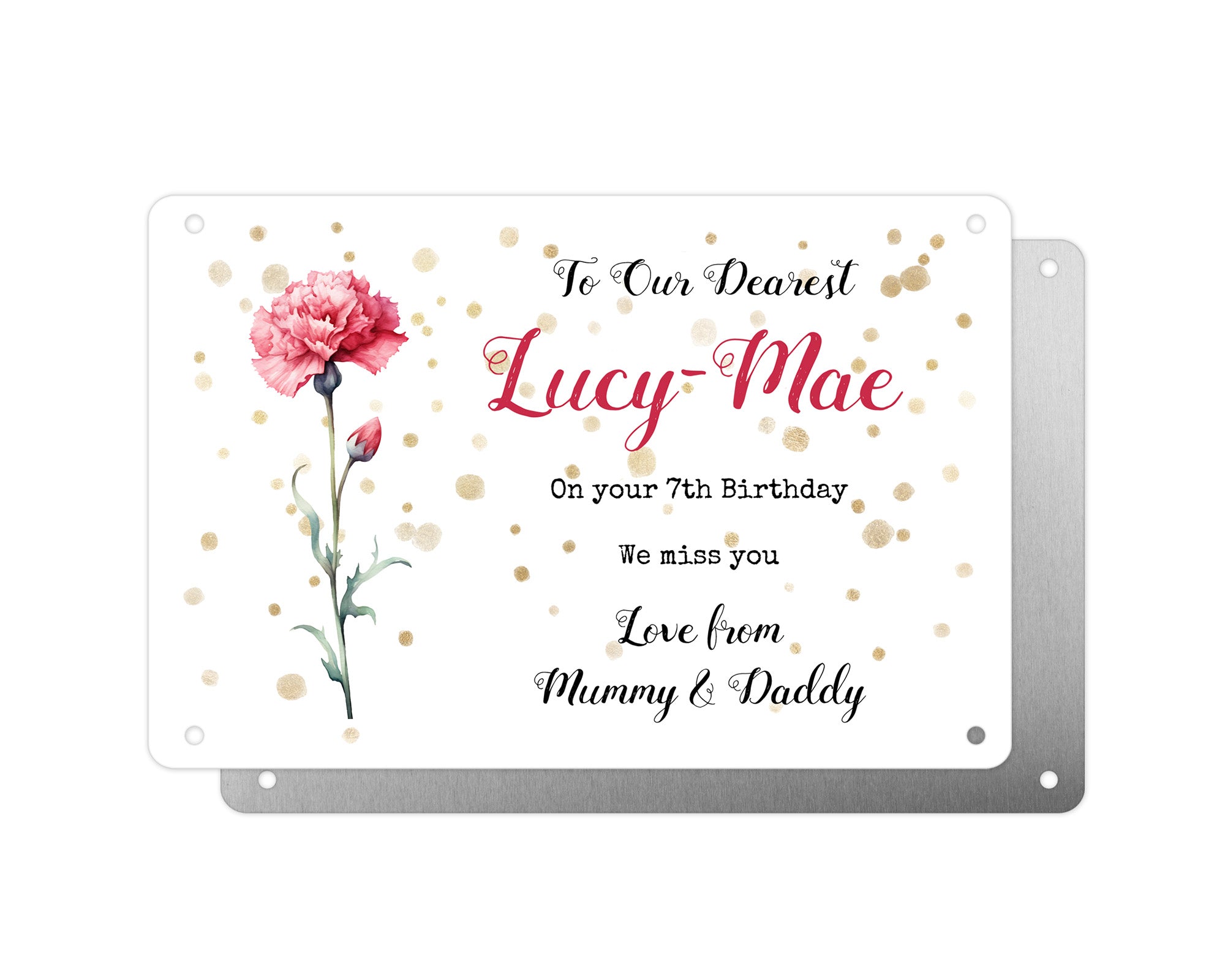 Personalised Graveside Plaque, Aluminium Bereavement Sheet, Metal Sign, Pink Carnation Remembrance Gift