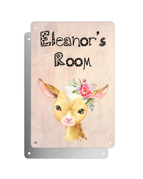 Cute Animal Personalised Name Plaque – Baby Goat with Flower | Vintage-Style Aluminium Sign for Kids’ Room