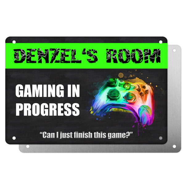 Boys Personalised Bedroom Plaque – "Gaming in Progress | Can I Just Finish This Game?" – Aluminium Metal Sign | Game Controller Design | Gift for Him