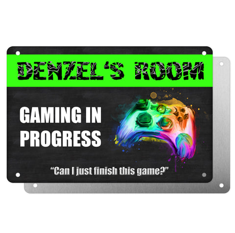Boys Personalised Bedroom Plaque – "Gaming in Progress | Can I Just Finish This Game?" – Aluminium Metal Sign | Game Controller Design | Gift for Him