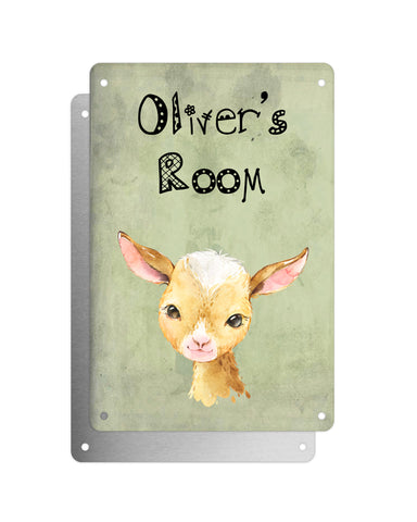 Cute Animal Personalised Name Plaque – Baby Goat | Vintage-Style Green Aluminium Sign for Kids’ Room