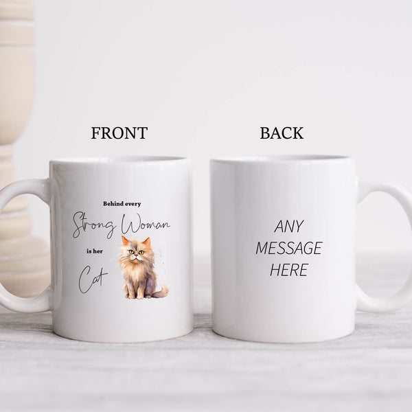 Behind Every Strong Woman is Her Cat, Funny Gift, White Cat, Personalised Mug