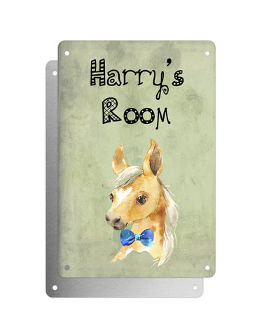 Cute Animal Personalised Name Plaque – Baby Foal With Blue Bow Tie | Vintage-Style Green Aluminium Sign for Kids’ Room