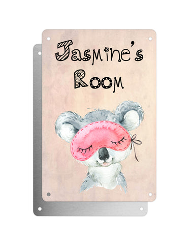 Cute Animal Personalised Name Plaque – Baby Koala With Sleep Mask | Vintage-Style Aluminium Sign for Kids’ Room
