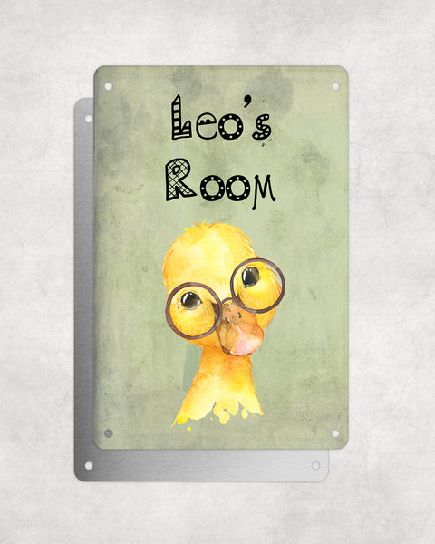 Cute Animal Personalised Name Plaque – Baby Duck With Brown Glasses | Vintage-Style Green Aluminium Sign for Kids’ Room