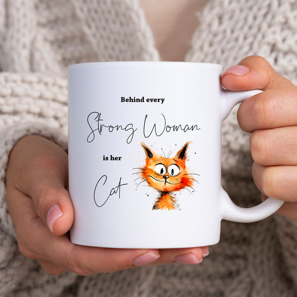 Behind Every Strong Woman is Her Cat, Funny Gift, Ginger Cat, Personalised Mug