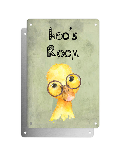 Cute Animal Personalised Name Plaque – Baby Duck With Brown Glasses | Vintage-Style Green Aluminium Sign for Kids’ Room