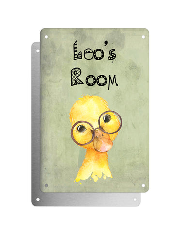 Cute Animal Personalised Name Plaque – Baby Duck With Brown Glasses | Vintage-Style Green Aluminium Sign for Kids’ Room