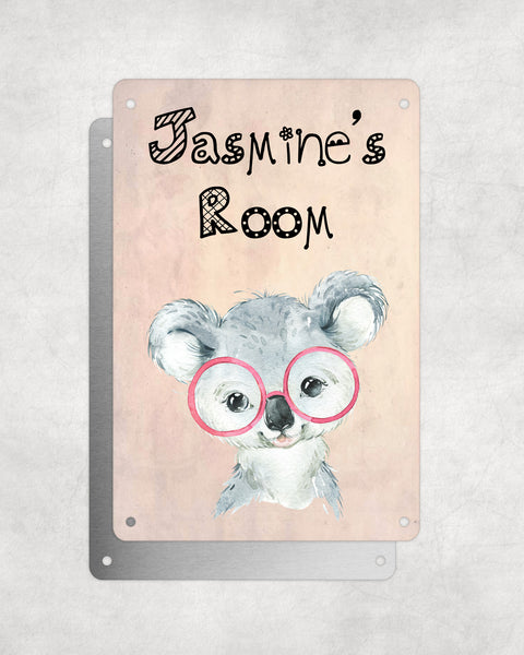 Cute Animal Personalised Name Plaque – Baby Koala With Pink Glasses | Vintage-Style Aluminium Sign for Kids’ Room