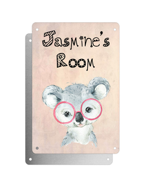 Cute Animal Personalised Name Plaque – Baby Koala With Pink Glasses | Vintage-Style Aluminium Sign for Kids’ Room