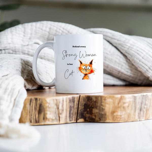 Behind Every Strong Woman is Her Cat, Funny Gift, Ginger Cat, Personalised Mug