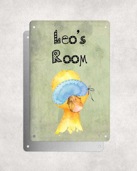 Cute Animal Personalised Name Plaque – Baby Duck With Sleep Mask | Vintage-Style Green Aluminium Sign for Kids’ Room