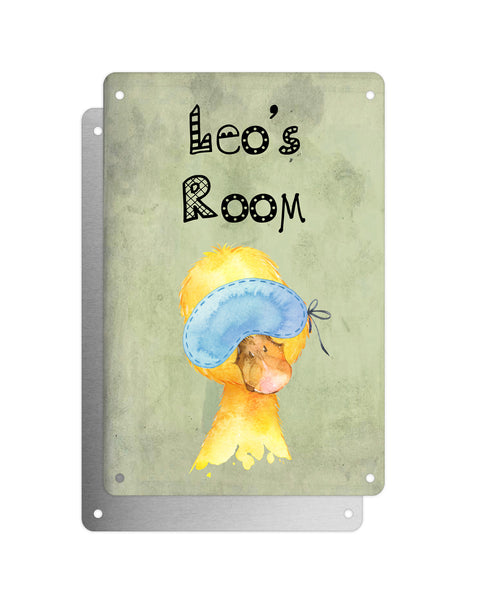 Cute Animal Personalised Name Plaque – Baby Duck With Sleep Mask | Vintage-Style Green Aluminium Sign for Kids’ Room