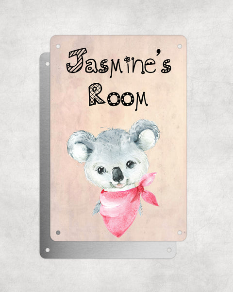 Cute Animal Personalised Name Plaque – Baby Koala With Pink Neck Tie | Vintage-Style Aluminium Sign for Kids’ Room