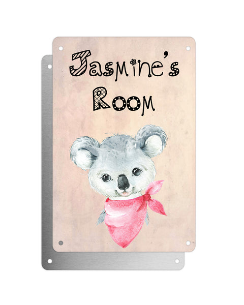 Cute Animal Personalised Name Plaque – Baby Koala With Pink Neck Tie | Vintage-Style Aluminium Sign for Kids’ Room