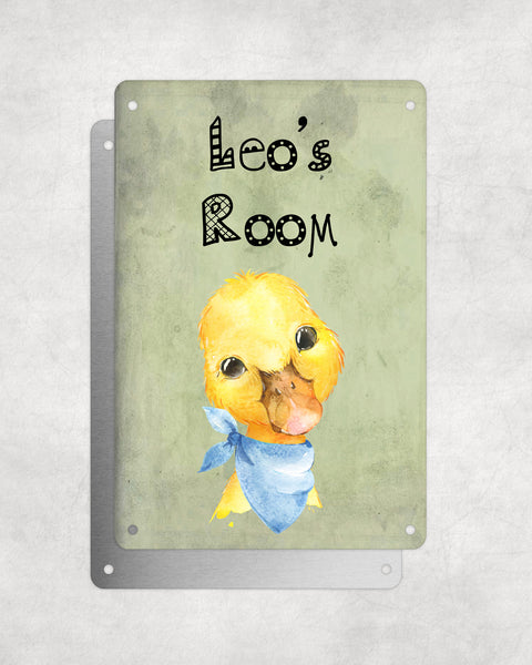 Cute Animal Personalised Name Plaque – Baby Duck With Blue Neck Tie | Vintage-Style Green Aluminium Sign for Kids’ Room