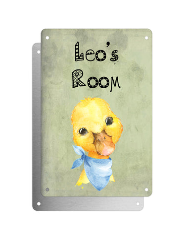 Cute Animal Personalised Name Plaque – Baby Duck With Blue Neck Tie | Vintage-Style Green Aluminium Sign for Kids’ Room