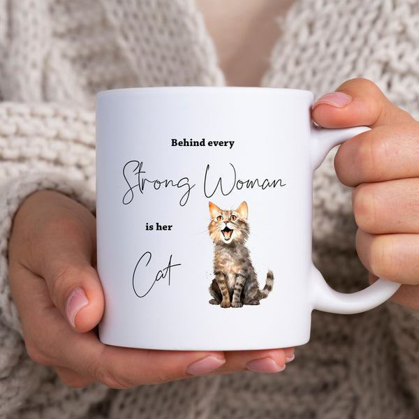 Behind Every Strong Woman is Her Cat, Funny Gift, Tabby Kitten, Personalised Mug