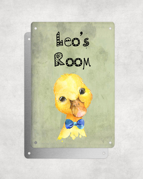 Cute Animal Personalised Name Plaque – Baby Duck With Blue Bow Tie | Vintage-Style Green Aluminium Sign for Kids’ Room