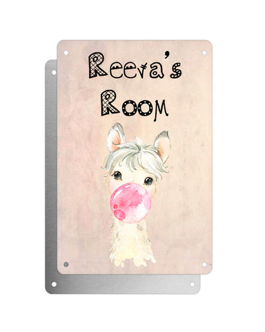 Cute Animal Personalised Name Plaque – Little White Llama With Bubblegum | Vintage-Style Aluminium Sign for Kids’ Room