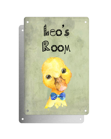 Cute Animal Personalised Name Plaque – Baby Duck With Blue Bow Tie | Vintage-Style Green Aluminium Sign for Kids’ Room