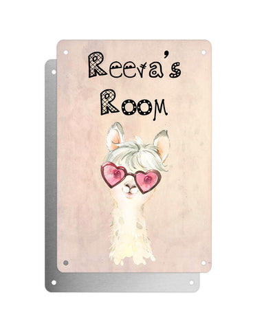 Cute Animal Personalised Name Plaque – Little White Llama With Heart Sunglasses | Vintage-Style Aluminium Sign for Kids’ Room