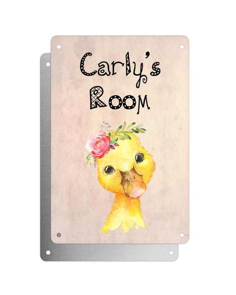 Cute Animal Personalised Name Plaque – Baby Duck With Flower | Vintage-Style Aluminium Sign for Kids’ Room