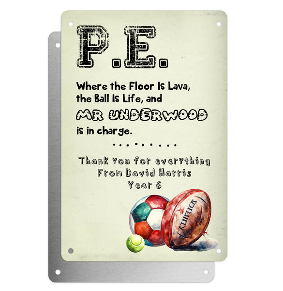 Personalised Teacher Tribute Aluminium Plaque – 'PE Where The Floor Is Lava' With Sports Graphic, Leaving Gift
