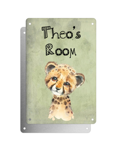 Cute Animal Personalised Name Plaque – Baby Cheetah | Vintage-Style Green Aluminium Sign for Kids’ Room