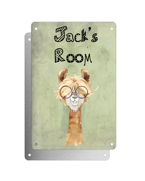 Cute Animal Personalised Name Plaque – Funny Llama Long Hair With Brown Glasses | Vintage-Style Green Aluminium Sign for Kids’ Room