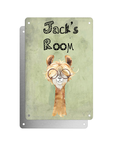 Cute Animal Personalised Name Plaque – Funny Llama Long Hair With Brown Glasses | Vintage-Style Green Aluminium Sign for Kids’ Room