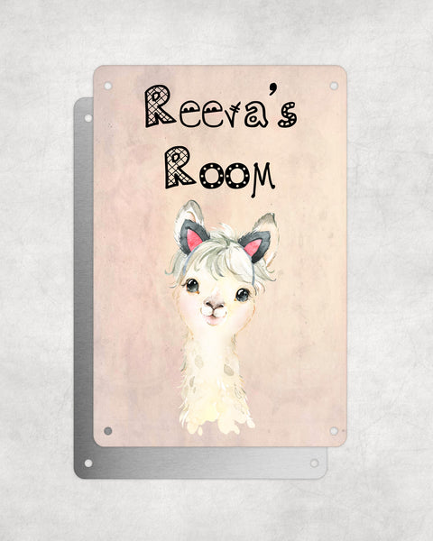 Cute Animal Personalised Name Plaque – Little White Llama With Cat Ears | Vintage-Style Aluminium Sign for Kids’ Room