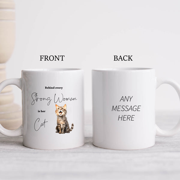 Behind Every Strong Woman is Her Cat, Funny Gift, Tabby Kitten, Personalised Mug