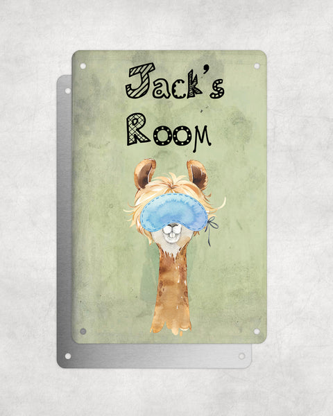 Cute Animal Personalised Name Plaque – Funny Llama Long Hair With Sleep Mask | Vintage-Style Green Aluminium Sign for Kids’ Room