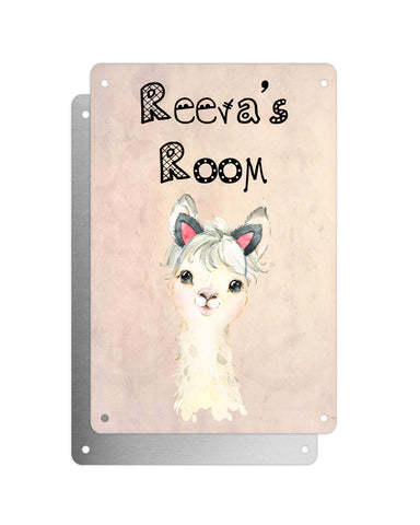 Cute Animal Personalised Name Plaque – Little White Llama With Cat Ears | Vintage-Style Aluminium Sign for Kids’ Room