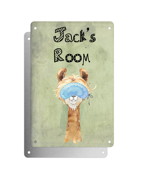 Cute Animal Personalised Name Plaque – Funny Llama Long Hair With Sleep Mask | Vintage-Style Green Aluminium Sign for Kids’ Room