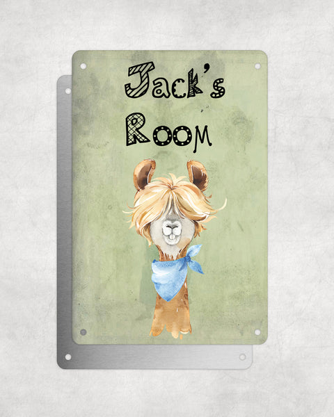 Cute Animal Personalised Name Plaque – Funny Llama Long Hair With Blue Neck Tie | Vintage-Style Green Aluminium Sign for Kids’ Room