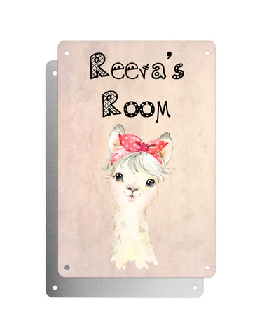 Cute Animal Personalised Name Plaque – Little White Llama With Head Tie | Vintage-Style Aluminium Sign for Kids’ Room