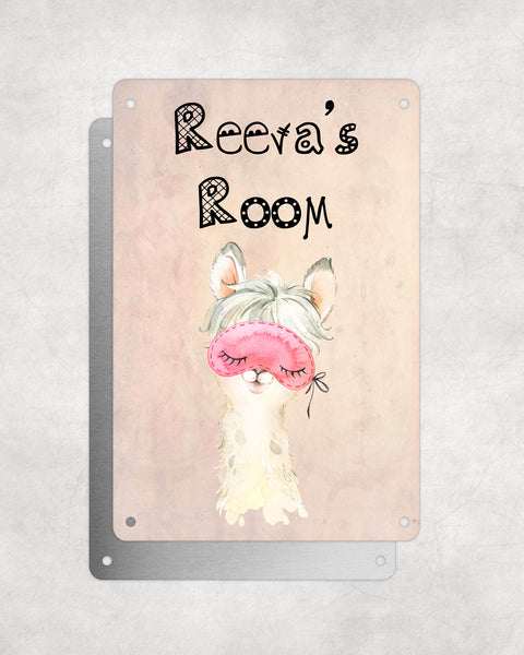 Cute Animal Personalised Name Plaque – Little White Llama With Sleep Mask | Vintage-Style Aluminium Sign for Kids’ Room