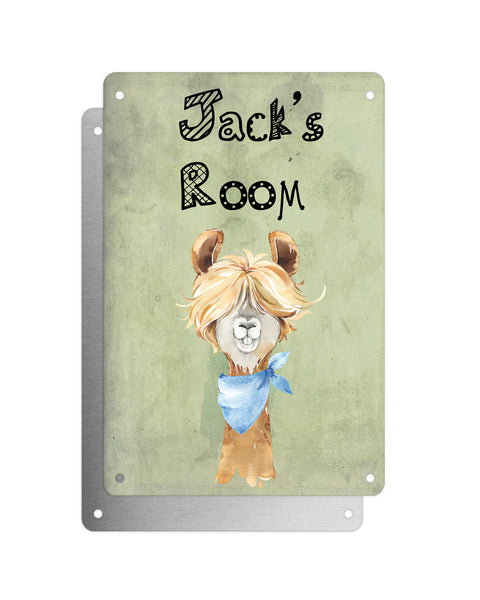 Cute Animal Personalised Name Plaque – Funny Llama Long Hair With Blue Neck Tie | Vintage-Style Green Aluminium Sign for Kids’ Room