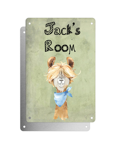 Cute Animal Personalised Name Plaque – Funny Llama Long Hair With Blue Neck Tie | Vintage-Style Green Aluminium Sign for Kids’ Room