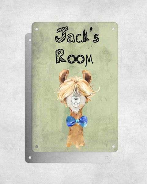 Cute Animal Personalised Name Plaque – Funny Llama Long Hair With Blue Bow Tie | Vintage-Style Green Aluminium Sign for Kids’ Room