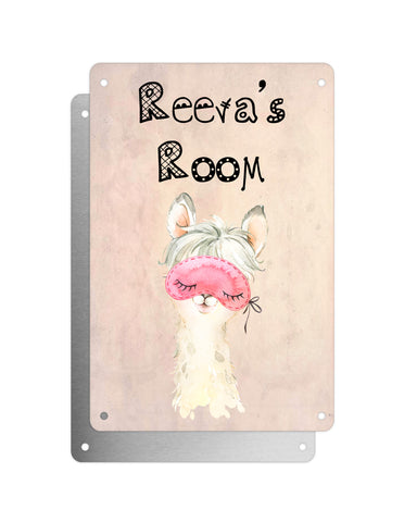 Cute Animal Personalised Name Plaque – Little White Llama With Sleep Mask | Vintage-Style Aluminium Sign for Kids’ Room