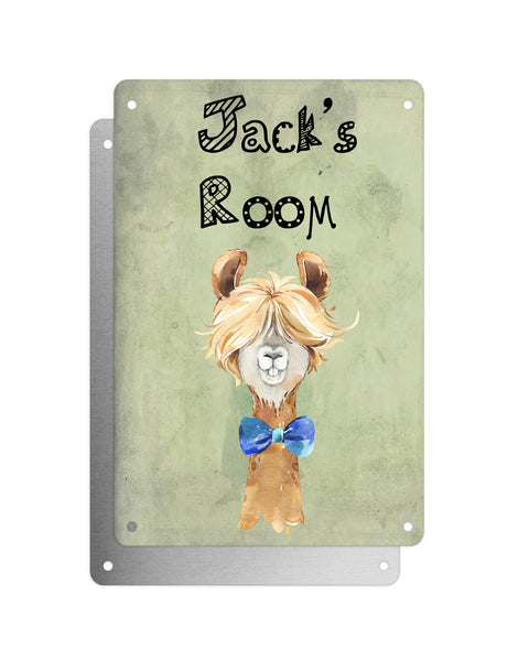 Cute Animal Personalised Name Plaque – Funny Llama Long Hair With Blue Bow Tie | Vintage-Style Green Aluminium Sign for Kids’ Room