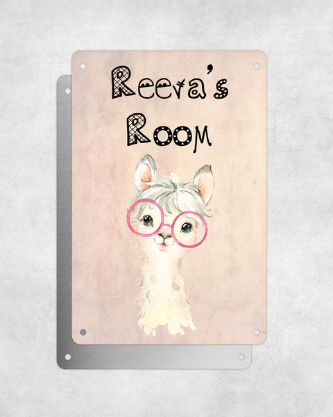 Cute Animal Personalised Name Plaque – Little White Llama With Pink Glasses | Vintage-Style Aluminium Sign for Kids’ Room