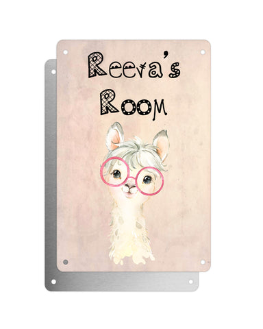 Cute Animal Personalised Name Plaque – Little White Llama With Pink Glasses | Vintage-Style Aluminium Sign for Kids’ Room